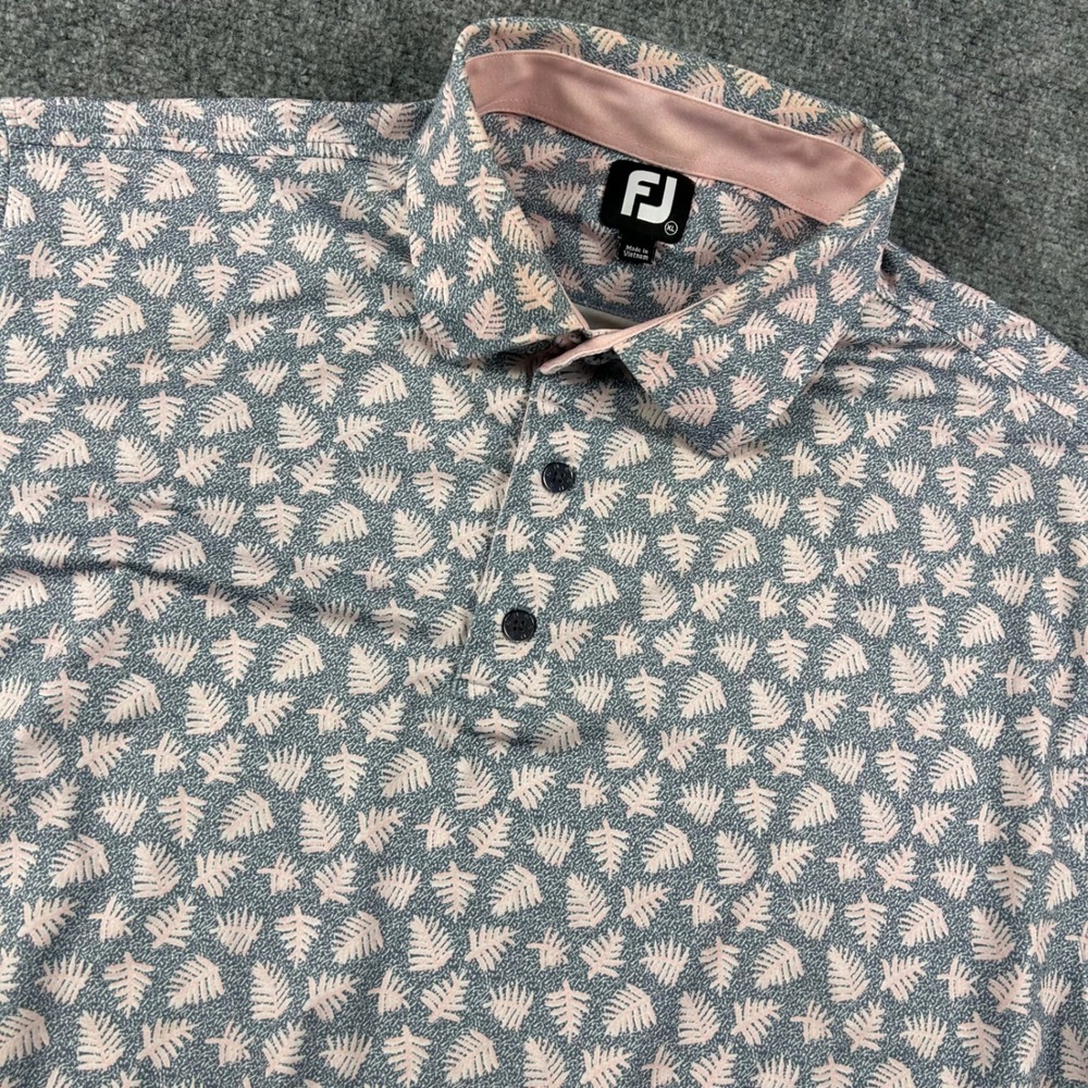 FootJoy Golf Polo Mens XL Pink Grey Fern Leaf Pattern Stretch Performance Shirt